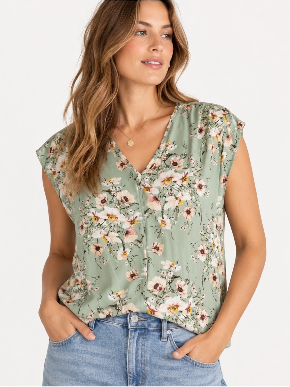 Dex Sage Green Floral V-Neck Top Blouse Size XL